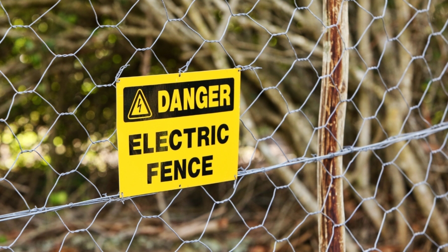 A danger sign hung from the electric fence with the trees in the background