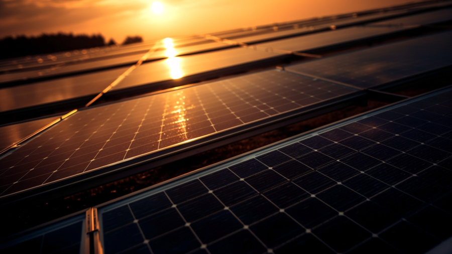 Sunset nature provides renewable energy through solar power generated by artificial intelligence